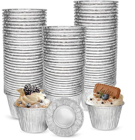 50 PCS Aluminium Foil Cupcake Cases, 195Ml Sturdy Silver Aluminium Foil Tin Cups, Heat-Resistant Foil Pie Cases for Muffins, Tarts, Pies, Yorkshire Pudding Party Catering