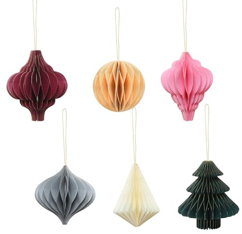 BEELUKY Weihnachtsdekorationen 6 Stück - 3D Papier Waben Christbaumschmuck mit Glitzerrand, Hängende Ornamente für Weihnachtsbaum, Weihnachtskranz, Silvesterparty & Heimdekoration