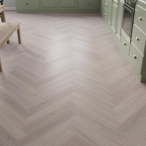 LVT Herringbone Click Vinyl Flooring Premium Waterproof Luxury Vinyl Tile Flooring 2.36m² Coverage Per Pack | Living, Dining Room, Kitchen, Lounge Floor (Pale Driftwood)