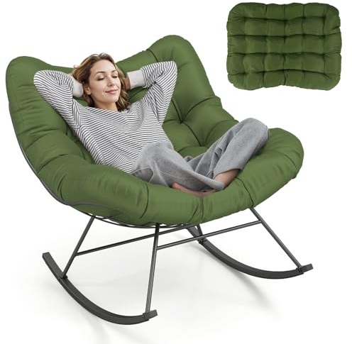 RELAX4LIFE Schaukelstuhl, Schwingsessel mit gepolstertem Kissen & Metallrahmen, Relaxstuhl bis 205 kg belastbar, Schaukelsessel Extra Groß für Garten, Schlafzimmer, Wohnzimmer, 110x95x94 cm (Grün)