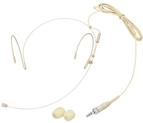 sourcing map Ear Hook Headset Microphone, Double Over Ear Set Hanging Omnidirectional Wired Audio Condenser Microphone Headset with 3.5mm Female Screw Plug 3.9ft Cable, Beige