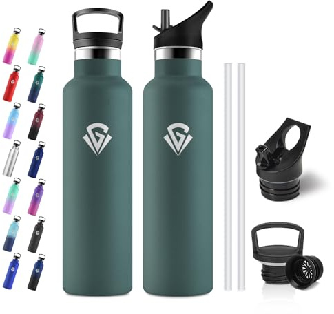 JAPORIA Gourde Isotherme 750ml, Acier Inoxydable, Bouteille Isotherme Double Paroi, sans BPA, Gourde Inox avec Paille, pour Adultes, École, Randonnée, Jogging