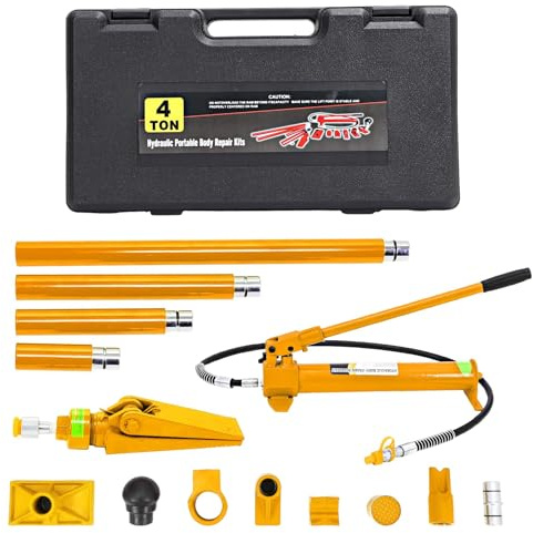 Hydraulic Power Jack 4 Ton, Porta Power Kit with Secure Transport Case, Auto Car Van Frame Repair Tool Kit for Automobile Repairing Truck, Farm Hydraulic Equipment Construction - Yellow