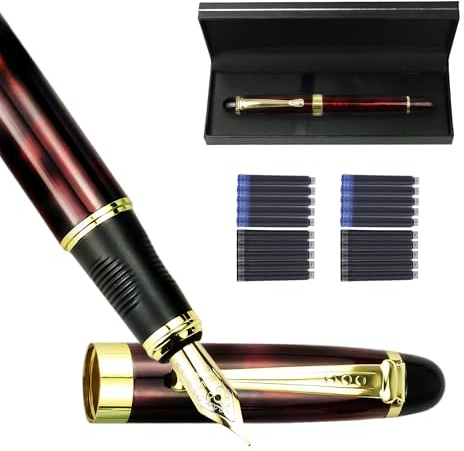 YUN CHUN Marble Fountain Pen for Writing, Refillable Luxury Metal Pens with Ink Pen with 10 Black and 10 Blue Ink Refills, Business Writing Fountain Pen for Men and Women, Marble Black & Red