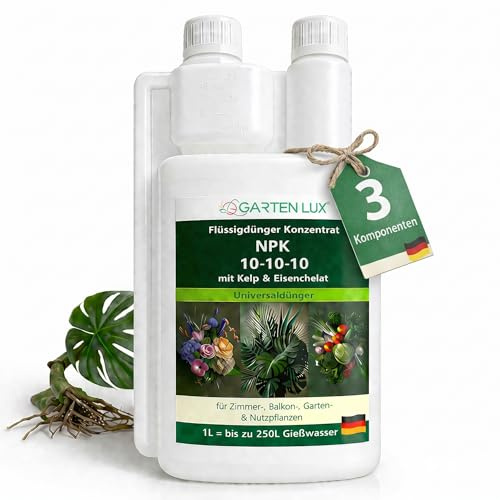 Garten Lux Flüssigdünger Konzentrat NPK 10-10-10, Universaldünger, 1 Liter | Zimmer-, Balkon- & Gartenpflanzen, Kelp-Extrakt, Eisenchelat, nicht gefährlich (CLP), 1L=250L Gießwasser