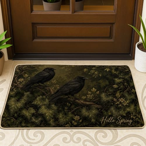 Zerbino con scritta Crows Welcome, motivo con foglie di edera e foglie di edera, colore nero, lavabile, a basso profilo, decorativo, per casa, interni, esterni, ingresso, portico, 73 x 43 cm