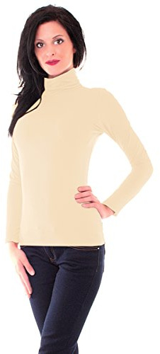 Easy Young Fashion - Damen Thermo Mikrofaser Langarm Rollkragen Shirt - Rolli Unterziehshirt Skinny Fit 3253 - Vanille L