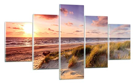 Mehrteilige Bilder auf Glas Meer Strand Düne Glasbild 125x70cm Wandbilder Dekoration Wohnzimmer Schlafzimmer Küche Set 5 teilige Klein Wanddeko Bild im Glas Wand Kunstdruck Art Modern GEA125x70-3540