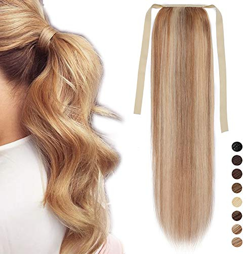 SEGO Pferdeschwanz Echthaar Remy human Haarteil Zopf Extensions Ponytail Haarverlängerung Clip in Pony Honigblond/Hellblond 16(45cm)-80g
