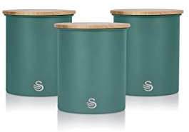 Swan SWKA17513GREN Nordic Scandi Set of 3 Storage, Tea, Coffee and Sugar Canisters, Pine Green, Steel, Bamboo Lid, 1 Size