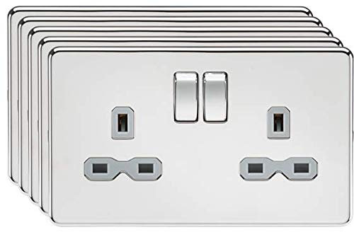 Screwless 13A 2G DP switched socket - polished chrome with grey insert