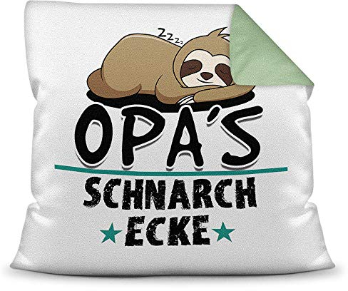 Kuschel-Kissen inkl. Füllung mit Spruch für Opa - Opas Schnarch-Ecke - Geschenk-Idee Geburtstag Vatertag/Bestes Vatertagsgeschenk - Farbkissen Rückseite Seegrün