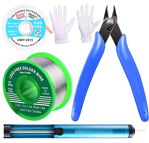 Owootecc Bleifreies Lötzinn mit Kolophoniumkern,Entlötpumpe, Entlötdocht, Mikro-Scherdrahtschneider-Zange, Antistatische Handschuhe (Paar),Löt-Entfernungswerkzeug-Set, Lötkolbenhalter, Zubehör-Kit