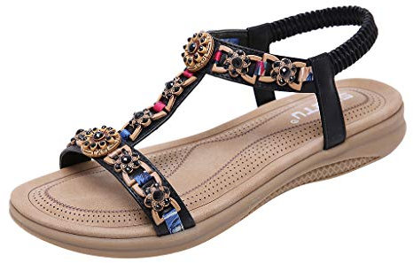 Julhold Sandalen Sommer Offene Schuhe Slingback Sandalen Strand Damen Bohemian Flach Zehentrenner Mit Strass Natur Kork-fussbett Casual Keilsandalen(Schwarz,42)