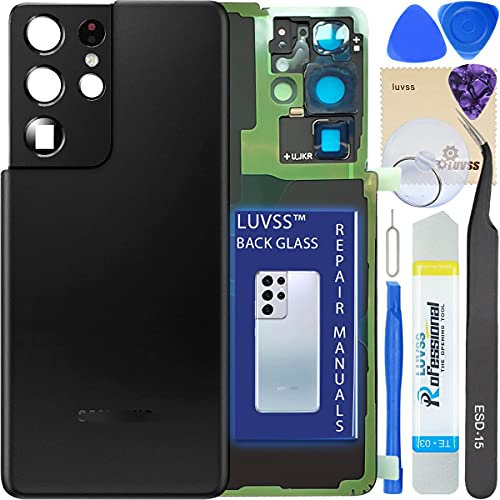 LUVSS Vitre Arrière pour Samsung Galaxy S21 Ultra Noir Coque Cache Batterie avec Lentille de Caméra, Adhésifs, Kit Outils, Guide De Réparation SM-G998B/DS