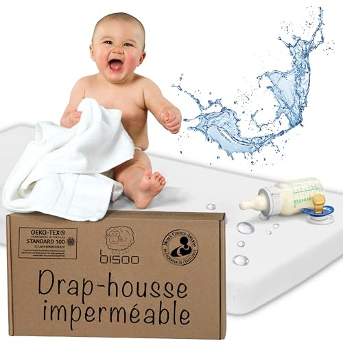 Bisoo 70x130 cm für Babybett Kinderbett Wiege - 2in1 wasserdichte Spannbettlaken - Spannleintuch + Wasserfester Matratzenschoner - 100% Jersey Baumwolle Oeko-Tex (130x70 cm Weiß)