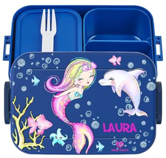 wolga-kreativ personalisierte Mepal Brotdose Kinder mit Fächern Meerjungfrau Delfin - Jausenbox Kindergarten, Lunchbox Schule Geschenk Einschulung Brotbox