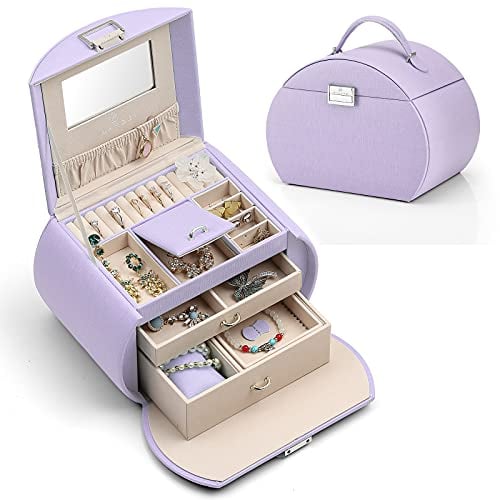 Vlando Schmuckkästchen mit 3 Ebenen, Aufbewahrung für Halsketten, Ringe, Uhren, mit Spiegel und Griff, Grußkarte, Geschenke für Mädchen und Frauen (Violett)