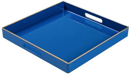 Decorative Tray, Royal Blue Serving Tray with Handles, Coffee Table Tray, Square Plastic Tray for Ottoman, Bathroom, Kitchen, 13x13x1.57