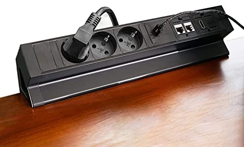 Elbe Inno Enchufe de Mesa de 3 Compartimentos, con conexión de Carga USB de Tipo A y una de Tipo C, 2 RJ45, HDMI, Enchufe múltiple con Abrazadera y Cable de conexión de 1,5 m, para Oficina, Cocina
