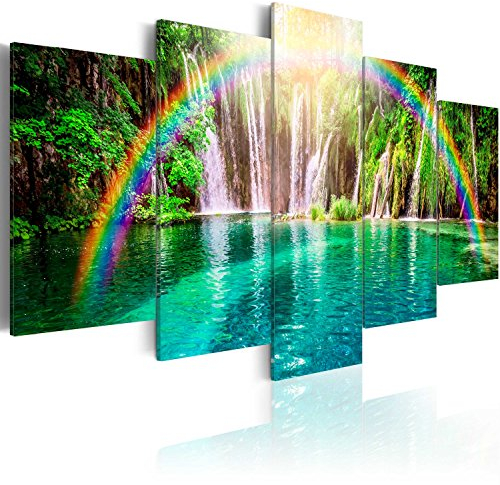 B&D XXL - Wandbilder XXL 150x75cm 5 tlg - Wand Deko Leinwand Bilder Groß Wanddeko Wohnzimmer Schlafzimmer Kunstdrucke - Wasserfall Regenbogen c-A-0071-b-n