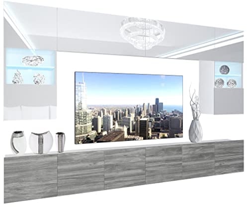 BELINI Wohnwand Vollausstattung Wohnzimmer-Set Moderne Schrankwand mit LED-Beleuchtung Anbauwand TV-Schrank Weiß/Eiche Glamour