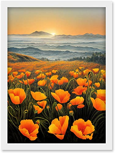 Doppelganger33 LTD Shoreline California Poppies At Sunrise Painting Artwork Framed Wall Art Print A4