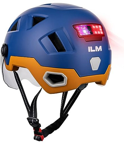 ILM Smart Fahrradhelm Damen Herren mit Visier Warnung Bremse LED Lichtsensor Lichtfunktion Kopfneigen Blinken Auszulösen Modell E3-12LS,Blau Gelb,S/M