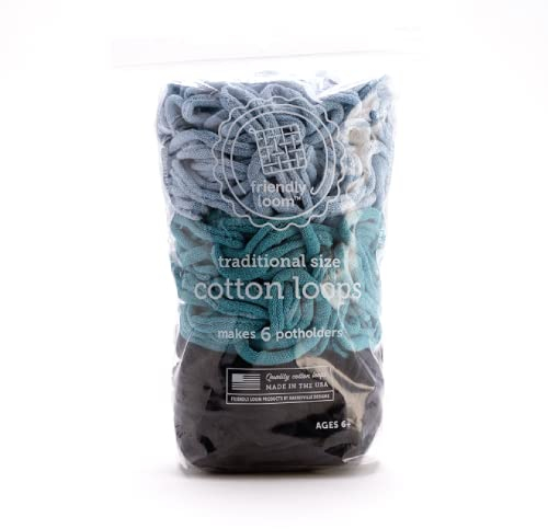 Friendly Loom Lotta Loops by - Atlantic Pack (Traditional Size) Powder Blue, Peacock, Dark Navy Cotton Loops Makes 6 Approx 6 x 6 Potholders by Harrisville Designs Made in The USA