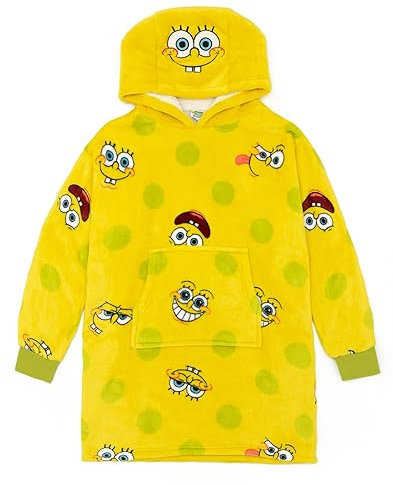 SPONGEBOB SQUAREPANTS Kids Wearable Blanket | Boys & Girls Sponge Bob All Over Print Fleece Hoodie | Yellow Cosy Heavyweight Snuggle Hooded Pullover | Cartoon TV Series Loungewear Gift for Children