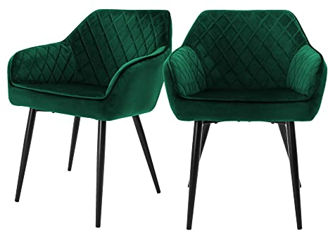 ML-Design 2er Set Esszimmerstühle mit Armlehne und Rückenlehne, Dunkelgrün, Küchenstuhl mit Samtbezug, Polsterstuhl mit Metallbeinen, Ergonomischer Stuhl für Esstisch, Esszimmerstuhl Wohnzimmerstuhl