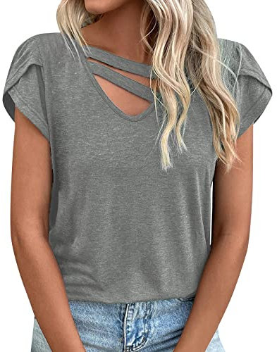 Damen Bluse Puffärmel 2023 Frühling und Sommer Damenbekleidung einfarbig V-Ausschnitt Blütenblatt Ärmel lose T-Shirt Ohrringe Silber 925 Klein