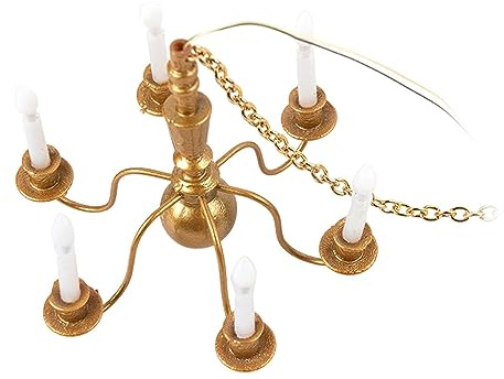 Perfeclan 1/87 Miniatur Kronleuchter Modell Kerze Deckenlampe Diorama Modell Layout Lichter für Puppenhaus Garten Sand Tisch Layout Ornamente, Gold 14,5cmx6cm