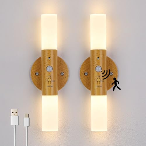 Lampop Rechargeable Wall Lights Indoor 2PCS Motion Sensor Night Light Battery Operaterd, Magnetic Wireless Wall Sconce Portable Lighting for Indoor Hallway Stairway (Wood Color, Warm White)