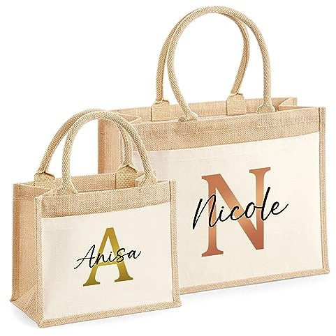 mamir home Personalisierte Jutetasche mit Name und Initialen | Handgefertigte Einkaufstasche aus Jute und Baumwolle | Geschenkidee für Geburtstag, Weihnachten, Junggesellenabschied (gross)