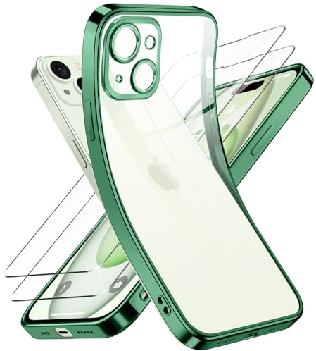 Qasyfanc Kameraschutzhülle Kompatibel für iPhone 15 Hülle mit 2 Stück Schutzfolie, iPhone 15 Case Vergilbungsfrei Dünne Weiche Silikon Handyhülle für Frauen Mädchen, Grün