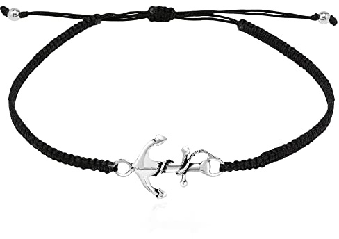 AeraVida Nautical Rope Anchor .925 Sterling Silver Charm on Cotton Rope Adjustable Wrist Pull Bracelet | Black Adjustable Bracelet for Women
