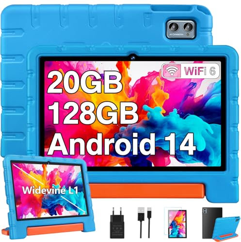 ZIOVO Tablette 10 Pouces Android 14 Tablette Enfants,20Go RAM+128Go ROM(TF 1To),Widevine L1,WiFi 6 Tablette,Octa-cœur,6000mAh | 5+8MP | BT 5.0 | Contrôle Parental Tablettes avec EVA Cas-Bleu