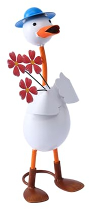 Fofetbfo Echte Entenfigur, Entenskulptur aus Metall für Den Außenbereich, Cartoon-Entengartenstatue, Entengartendekoration, Kunstskulptur für Den Außenbereich, für Zuhause, Rasen,(1PCS-rote Blume)