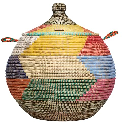 YAADU Flechtkorb mit Deckel - Aufbewahrungskorb Universal für Decken und Spielzeug Korb Afrikanischer Korb Deckel beige vielseitig und nachhaltig