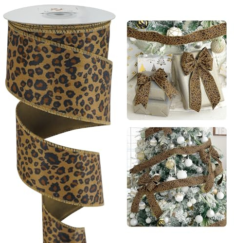 HUIHUANG Leopard Print Velvet Wired Ribbon 2.5 inch Animal Print Brown Velvet Ribbon for Christmas Tree, Bows Making, Wreaths, Garland, Crafting, Fall Decor-Continuous 10 Yards