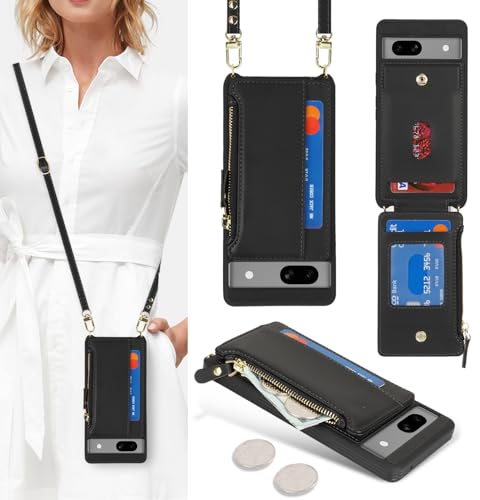 SailorTech Handyhülle für Google Pixel 7a Etui mit Kartenfach, Google Pixel 7a Hülle mit Verstellbarer Halskette, Google Pixel 7a Handytasche mit Reißverschluss Geldbörse-Schwarz