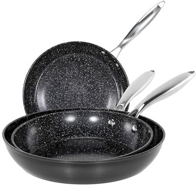 Kitchen Academy Lot de 3 poêles à frire antiadhésives anodisées dures – 19,8 cm, 24,1 cm et 27,9 cm, poêles en céramique noire, poêles saines non toxiques pour la cuisine, sans PTFE et PFOA, passent à