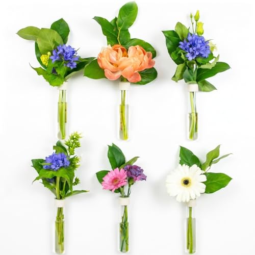 TWILG – Magnetische Reagenzglas-Vasen – Weiß – 6 Stück | Magnetische Blumenvasen aus Reagenzglas mit Wandhalterung; für Blumen und Innendekoration, mit handgenähtem Lederband