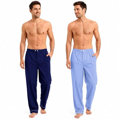 Keanu Herren-Pyjamahose, gewebt, Popeline, Taschen und Paspeln, gerades Bein, Loungewear, atmungsaktives Material, Blau/Marineblau und Grau/Anthrazit, Größen S bis 2XL, 2 Stück, Blau und Marineblau, L