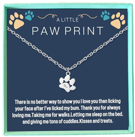 Necklace with Paw Print Pendant Design in Silver, Rose gold, Gold Colour, Customised Engrave Name on Paw Print, Packed with Message Card and Gift Box