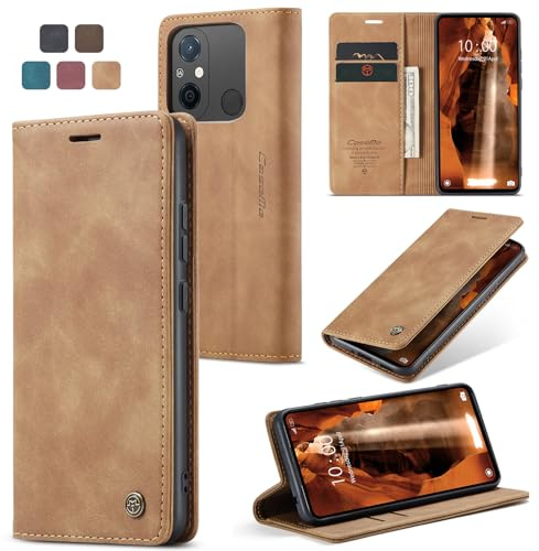 owlhold Handyhülle für Xiaomi Redmi 12C/11A/Poco C55 Hülle, Premium Lederhülle Weiches Vintage-Nubukleder Faltbare Ständer Klapphülle stoßfest Schutzhülle für Redmi 12C/11A/Poco C55 -Braun