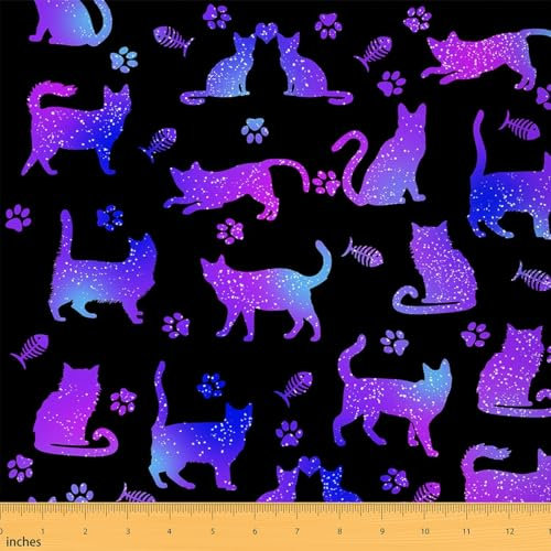 Loussiesd Katzen Patchwork Stoffe Nette Katze Stoff 184x150cm für Galaxy Katze Pfote Druck Stoff Meterware für Stühle Frauen Männer Ultra weich Dekor Blau Lila Stoffpaket Dekor