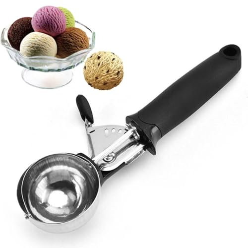 Stainless Steel Ice Cream Scoop with Trigger - Melon Baller & Mashed Potato Scoop for Ice Cream, Fruits, Cookies (Black)