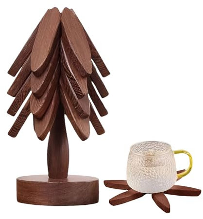 Wooden Coasters, Tree Art for Wood Coasters Set of 4, Natural Wooden Coasters, Tree Shape Coasters with Holder and Base, Creative Foldable Wooden Placemats Housewarming Gif-ts for Home Decoration